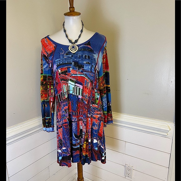 Orientique Old World Cityscape Dress L FREE SHIP - Picture 1 of 5